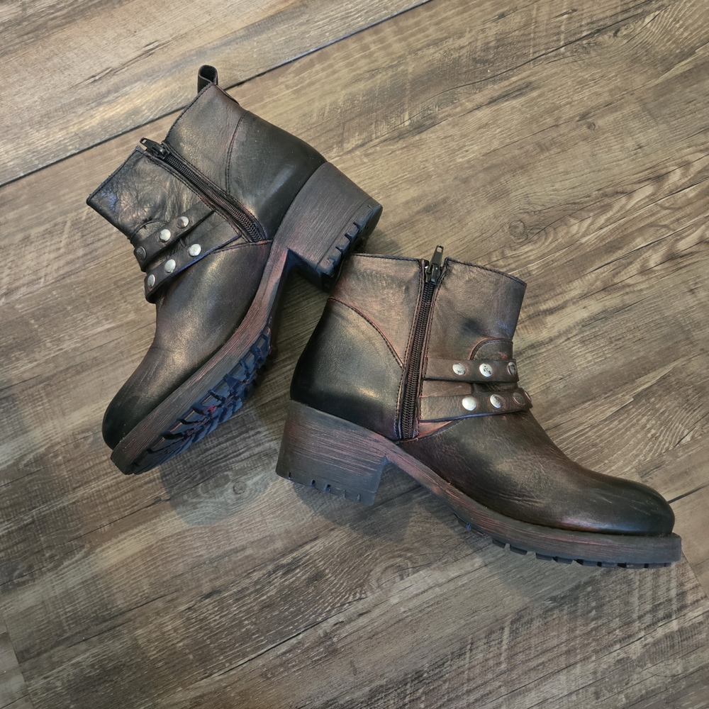 Eric Michael Cherry Antiqued Moto Ankle Booties